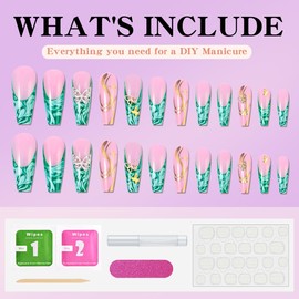 Long Press on Nails Green French Tip Long Fake Nails Coffin Press on Nails Square False Nails with Butterfly Charm Designs Long Nails Press on Artificial Nails Stick on Nails For Women Girls 24Pcs