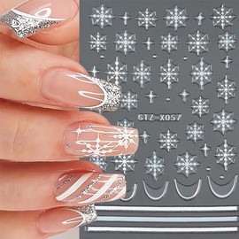 6sheets Snowflake Nail Art Stickers 3D Self Adhesive Christmas Nail Stickers for Nail Art Winter Black White Snowflake Nail Decals French Tip Nail Design Stickers for Women Girl DIY Nail Decoration