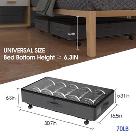 IUI Under Bed Storage with Wheels,50L Capacity Under Bed Storage with Clear Window,Versatile Under Bed Storage Containers for Clothes,Shoes,Books,Toys,Black-1Pack