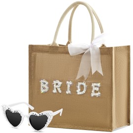 Weewooday Bride Tote Bag for Bride to Be Glasses 14.2 x 12.6 x 7.5 Inch Jute Tote Bag with Bow Sunglasses in Heart Shape Guest Gift for Hen Night Wedding Women