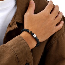 Mens Cross Beaded Christian Rosary Bracelets, Tiger Eye Black Agate Onyx Obsidian Bracelet, Faith Religious Easter Catholic Christian Communion Baptism Natural Stone Jewelry Gift for Men Women