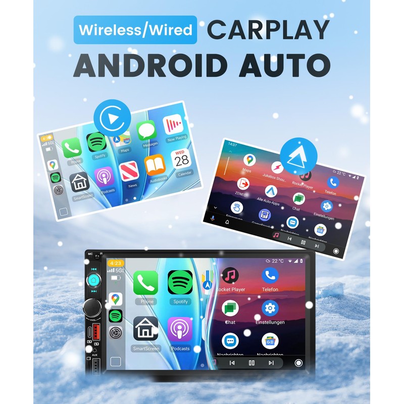 Wireless Double Din Car Stereo Carplay Android Auto, 7 Inch
