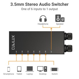 Cubilux 3.5mm 6-in-1 Stereo Audio Switcher with Volume Control & Mute, 6 Input to 1 Output Audio Selector Box for Headphones, Speakers, Laptop, PC, Smartphone, and Tablet