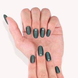 Krystil Press On Nails, 15 Sizes - 30 Nails Kit, Short Round Dark Green Cat Eye Design, Reusable Fake Nails with Glue | Salon Quality | Forest