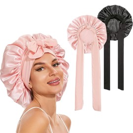 ERBO Silk Bonnet for Sleeping, Silk Bonnet, Adjustable Sleep Cap, Silk Bonnet Sleep Cap, Satin Hair Cap for Sleeping, Long Hair Curls, Sakura Pink+Black, Unit size