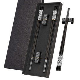 TIICOO Metal Chopsticks Reusable 2 Pairs Titanium Stainless Steel Chopsticks with Holder, Dishwasher Safe Lightweight Japanese Style Chopsticks Gift Set (Black)