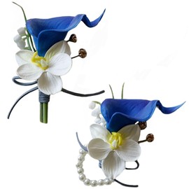 MAFELOE 2 Pieces Corsage and Boutonniere Set, Artificial Calla Lily& Orchid Flowers Accessories Decorations for Wedding Prom Party Celebration Suit- Blue+White (W4-X2-LL)