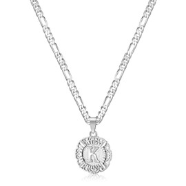 KissYan Initial Necklace For Women Girl,14K Gold Plated Round Letter Pendant Necklace White Gold Capital Monogram Necklace Silver Alhpabets from A-Z Figaro Chain Necklace(White Gold K)