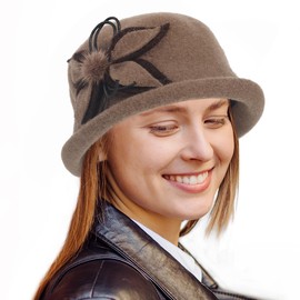 Women Wool Felt Hat Winter Church Vintage Bowler Bucket Cloche Hats 1920s 50s (Z002-Khaki)