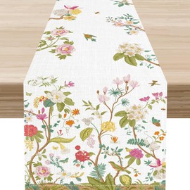 Spring Table Runner, Farmhouse Seasonal Floral Birds Hummingbird Plants Botanical Vintage Retro Coffee Table Center Decor for Kitchen Dining Patio Holiday Party Table Decorations, 13"x90" Inch