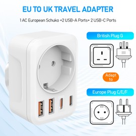 Travel Adaptor UK Adapter England Germany Plug, UK Adapter with 2USB + 2USB C (3.4A), 5-in-1 Adapter UK, Socket Adapter England, Travel Adapter Type G for England Ireland UK, Qatar, Malaysia, Dubai,