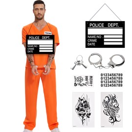 Charmofun Men's Convict Costume, Prisoner Costume, Orange, Prisoner Costumes with Handcuffs, Prisoner Costume for Cosplay, Carnival
