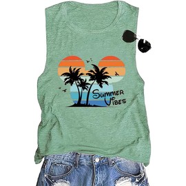 Vintage Summer Beach Graphic Tank Tops for Women Funny Sleeveless Workout Tops Hawaiian Travel Holiday Tee Shirts, Mint Green Large