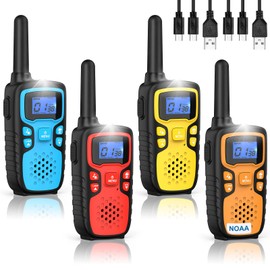 Wishouse Walkie Talkies for Kids Rechargeable Long Range,Xmas Birthday Gift for 4 5 6 7 8 9 Year Old Boys Girls,Hiking Gear Camping Games Cool Toys with NOAA,SOS Siren,Lamp,Lanyards,Easy to Use,4 Pack