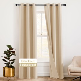 RYB HOME Soundproof Curtains for Bedroom - Totally Room Darkening 3 Layers Blackout Window Drape Detachable Felt Liner Inside Noise & Draft Barrier for Living Room, W 42 x L 84, Biscotti Beige, 1 Pair