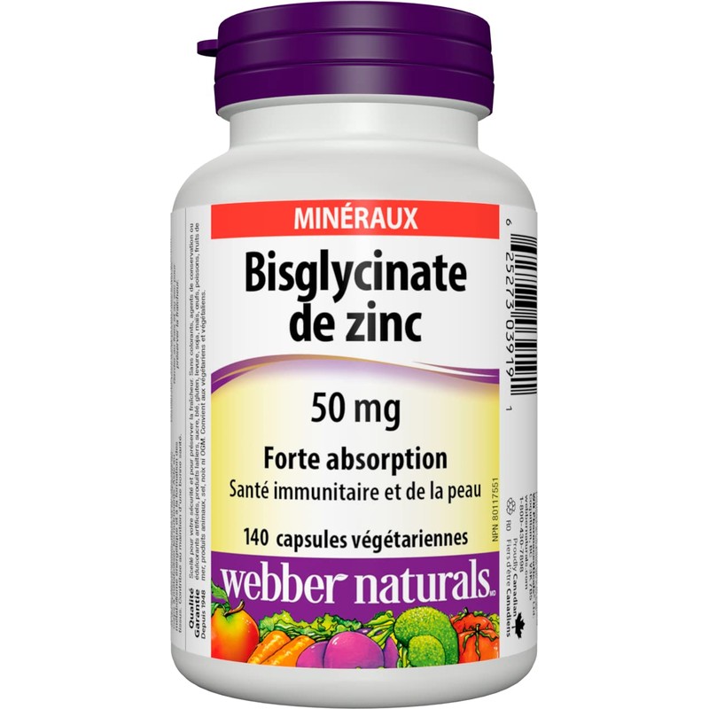 Webber Naturals Zinc Bisglycinate, 50 mg, 140 Capsules, High Absorption,