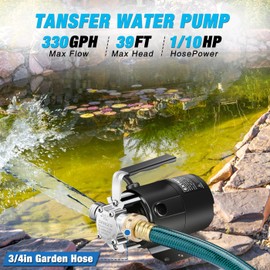 EXTRAUP Water Transfer Pump, 115V 330GPH Portable Electric Utility Water Pump with 6' Water Hose Kit, Low Suction Water Removal for Water Beds, Garden, Ponds, Pool, Rain Barrel, Aquariums, and More