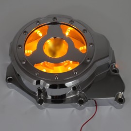 HongK- Motorcycle Chrome w/YELLOW LED Left Engine Stator Cover See Thru Compatible with 2006-2014 Yamah YZF-R6 [P/N:MT313-008A-CD+YELLOW]