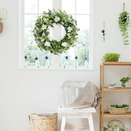 Weldomcor Artificial Wreath, Artificial Eucalyptus Wreaths for the Front Door Wreath Large Green Leaf Wreaths with Berries for Wedding Door Party Window Wall Decor (Eucalyptus Wreath With Flower)