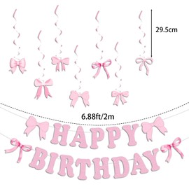 BMYUK Bow Birthday Party Decoration Pink Banner Parties Hanging Swirls for Baby shower Girls Woman Coquette Celebrations and Events