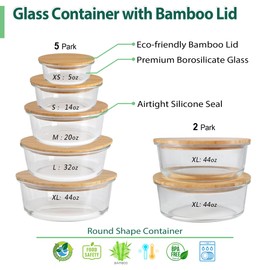Urban Green Glass Food Container with Bamboo Lid, Airtight food storage Containers set, Glass Meal Prep Containers Set of 5, Dishwasher & Oven Safe