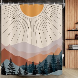 SAOLUIS Mid Century Shower Curtain, Abstract Moutain Shower Curtain Sets Boho Sunset Bathroom Curtain, Waterproof Boho Minimalist Bath Curtain Decor with 12 Hooks 69X70 Inch