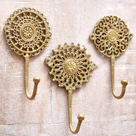 Indian Shelf 3 Vintage Wall Hooks for Hanging Coats Decorative Wall Hook Boho Key Holder for Wall Brass Wall Hooks Key Hooks Coat Rack Wall Mount Gold Wall Hooks Coat Hooks Towel Hooks for Bathrooms