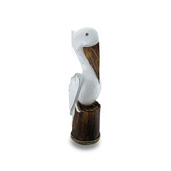Zeckos Hand Carved/Painted Wooden Pelican On Piling Statue Coastal