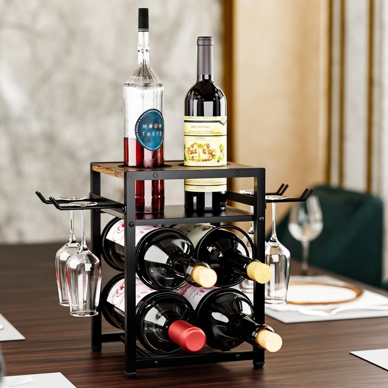 KLM Wine Rack Countertop, 6 Bottle 4 Glass Holder, Modern