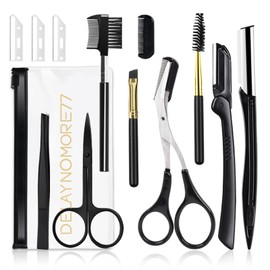 Eyebrow Razor Kit, 12 in 1 Professional Eyebrow Grooming Set, Including 3 Razors Trimmer,1 Tweezer,2 Scissors,2 Replacement Blades,1 Eyelashes Roller,2 Brushes,1 Storage Bag