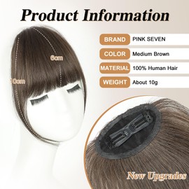 PINK SEVEN Clip in Bangs Real Human Hair,Medium Brown Bangs Hair Clip on Fake Bangs with Temples for Women Daily Wear