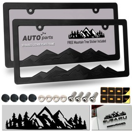 ZXFOOG Mountain License Plate Frames- Plastic Black Car Tag Holder Bracket with Screws Caps, Blackout 2 Packs 2 Hole, Mountain Vinyl Sticker Included
