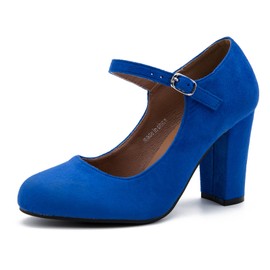 Women's Mary Jane Heels Closed Toe Chunky Heel Round Toe Block High Heel Pumps Suede Royal Blue US 7.5