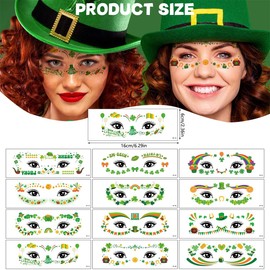 12 Pcs Shamrock Face Temporary Tattoos Sticker St. Patrick's Day Green Clove Hat Heart Face Gem Body Fake Freckles Tattoos for Women Irish Parade Holiday Party Makeup Decals Art Decoration