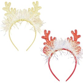 2 Pcs Christmas Headbands Glitter Elk Antlers Headband Cute Xmas Hair Bands Holiday Party Gift Christmas Costume Party Accessories for Women and Girls(Red and Gold Style1)