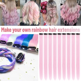 TOFAFA 22 Inch Colored Hair Extensions, Pink Color Long Straight Highlights Party Clip in Synthetic Colorful Hair Extensions for Girls Women Kids Favor Birthday Gift(10 PCS Light Pink)