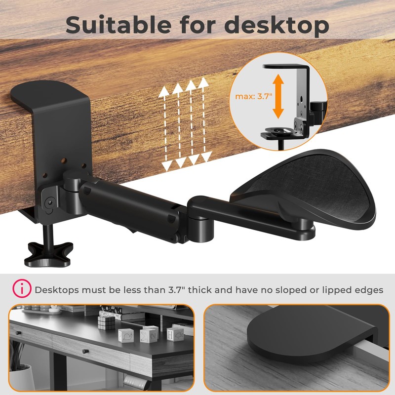 JOY worker Upgraded Clamp-on Adjustable Armrest, Above/Below Table Extension Platform