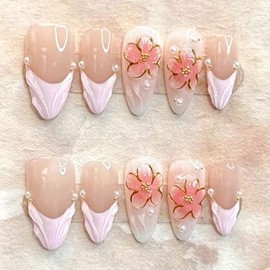 Shimmerz 24 Pieces Medium Almond Shaped Styling Nails with Elegant Pink Gradient and Floral Accents Reusable French Design Artificial Nails for Women
