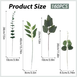 Falzqq 160 Pcs Artificial Eucalyptus Leaves Stems, 4 Kinds Mixed Fake Eucalyptus Leave Willow Leave Silver Dollar Faux Plants Greenery Decoration for Weddings, Parties, Home, DIY Bouquets