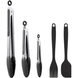 Juego De 5 Pinzas Para Cocina Silicona De Acero Inoxidable y Cepillo para Parrilla, Tenazas con Puntas de Antiadherentes, Alta Resistencia al Calor para Cocinar, Servir, Ensalada