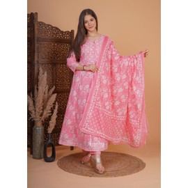 Meera Fab Women's Cotton Printed Embrodriery Anarkali Kurta With Palazzo & Dupatta Set, Pink Large