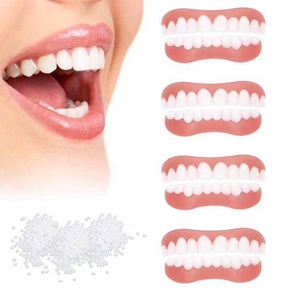 VEGCOO 4 Pairs Dentures Cosmetic Veneer False Teeth Veneers White Dentures for Women Men Comfortable Protect Your Teeth and regain Confident Smile