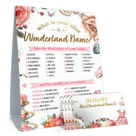 What's Your Alice Wonderland Name Game Card, Including 1 Alice Name Game Sign and 30 Name Sticker, Alice Theme Game Cards Set, Perfect for Birthday Party Game Activities
