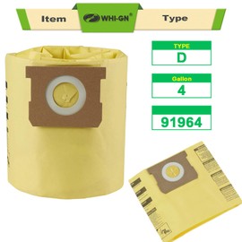 5 Pack 91964 Shop Vac Bags 4 Gallon Type D High Effiency Vacuum Filter Bags, compatible with Shop-Vac 4 Gallon AllAround Plus Wet/Dry Vacs, part # 9196400 9196433