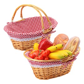 Geytetqi 2 Pack 12.6 Inch Natural Wicker Basket with Checkered Lining, Oval Wicker Woven Basket with Handle, Willow Woven Picnic Baskets for Picnic, Camping, Party(Small)