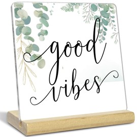 WYZBWYF Inspirational Gifts for Women Men,Good Vibes Acrylic Desk Decor, Home Office Desk Decor Gifts for Christmas Birthday Family Eucalyptus Leaves Sign for Lover Friends Colleague