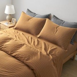 Eikei Retro Striped Washed Cotton Chambray Fitted Sheet Set Casual Mid Century Modern Style Pinstripe Bedding Set Relaxed Soft Feel Natural Wrinkled Look (Copper, Queen)