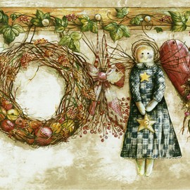 Concord Wallcoverings Wallpaper Border Vintage Pattern Dolls Wreaths Hearts Ivy for Kid's Bedroom Cottage Playroom, Beige Blue Green Red, 15 Feet by 7 Inches HS3012B