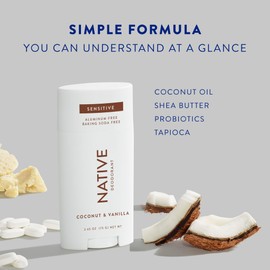 Native Native Sensitive Deodorant Contains Naturally Derived Ingredients, 72 Hour Odor Control | Deodorant for Women & Men, Aluminum Free with Baking Soda, Coconut Oil and Shea Butter, Coconut & Vanilla