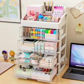 Desk Organizer with 4 Drawer Storage, Desktop Storage Drawers for Office/School Supplies, Plastic Stationary Organizer, Makeup Organizer, Desk Storage Box Organizer for Office, School, Bathroom